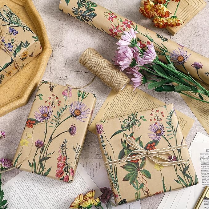 RUSPEPA Wild Flower Wrapping Paper Roll for Women, 17 Inches x 32.8 Feet, Mini Roll, Kraft Floral Design Wrapping Paper for Christian Gifts, Birthdays, Weddings, Bridal Shower and Engagement