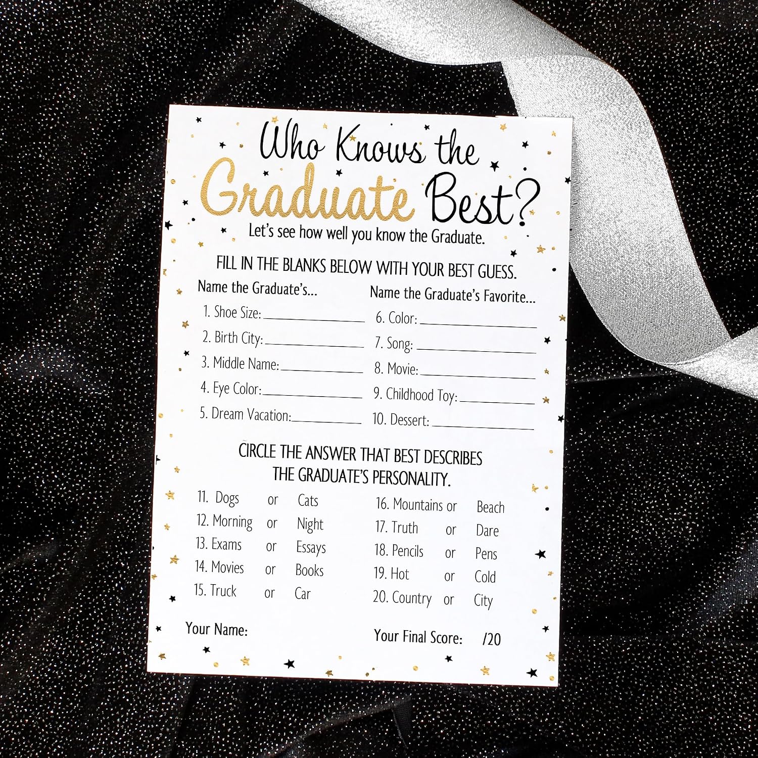 DISTINCTIVS Who Knows The Graduate Best Graduation Game, 25 Count | 5" x 7" Cards, Class of 2026 Grad Party Theme Idea Activity