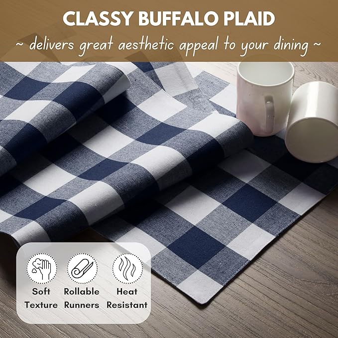Native Fab Buffalo Check Table Runner, 100% Cotton, 13x108 Inches, Rustic Farmhouse Kitchen and Dining Décor, Perfect for Christmas, Winter, Weddings, Holiday Gatherings, Navy Blue & White