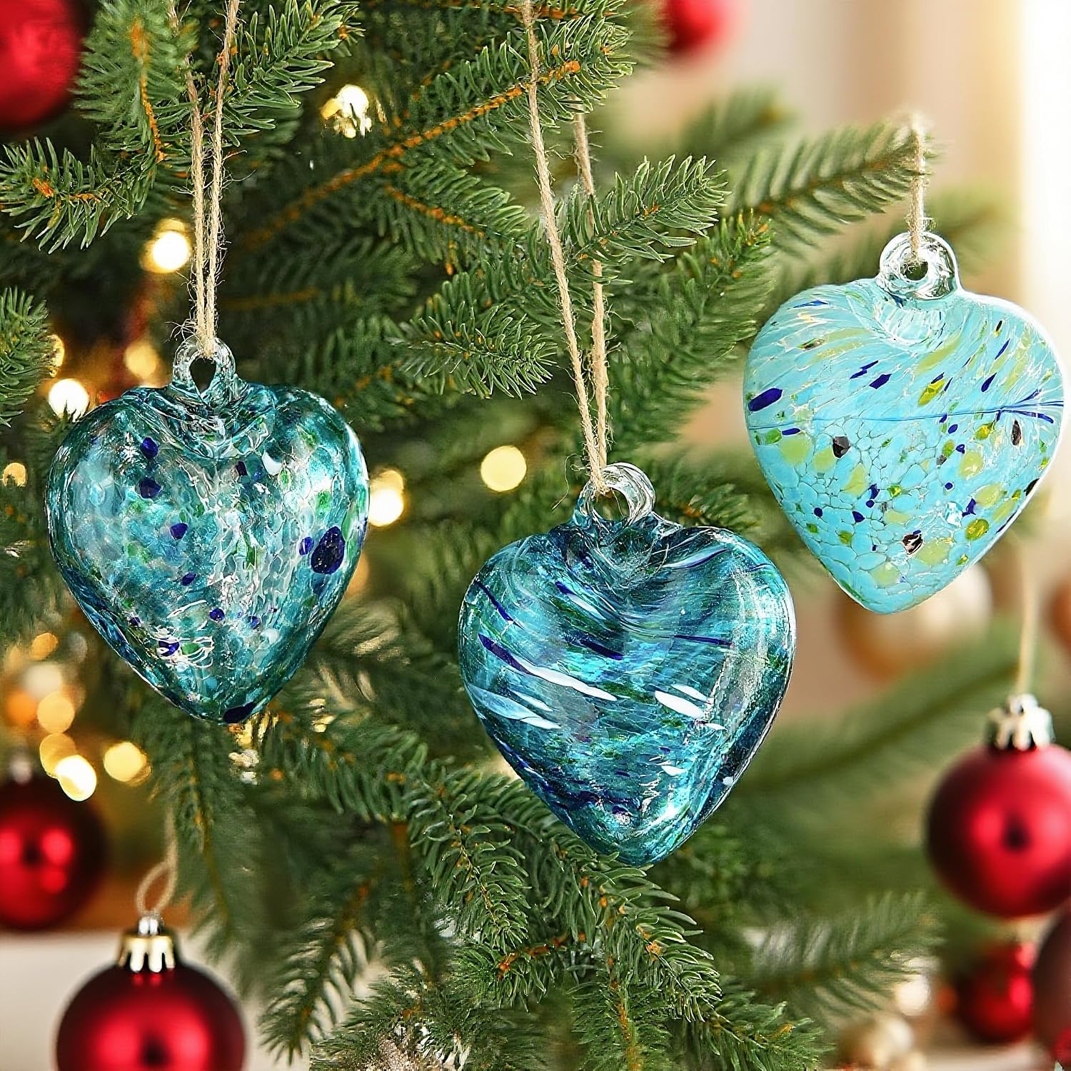 Set of 3 Handmade Glass Heart Ornaments 3.5 Inch Hanging Heart Decoration | Hand-Blown Craftsmanship, Easy-Hang Lanyard Design for Indoor & Outdoor Hanging