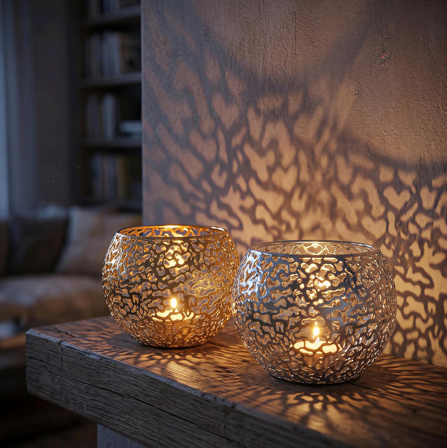 Metal Cut-Out Tealight Candle Holders Set of 2 – Geometric Lanterns for Table Centerpiece & Bathroom Spa – Shatterproof Holiday Decor, Winter Wedding (Gold/Silver)