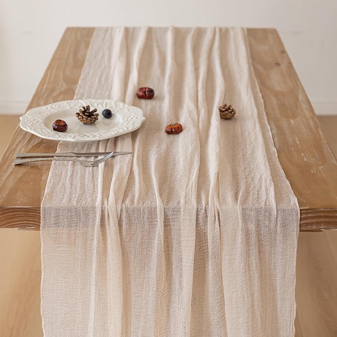 Beige Gauze Rustic Cheesecloth Table Runner 120 Inch 10 FT for Wedding Baby Shower Bridal Shower Birthday Engagement Garden Outdoor Party Long Sheer Boho Decorations