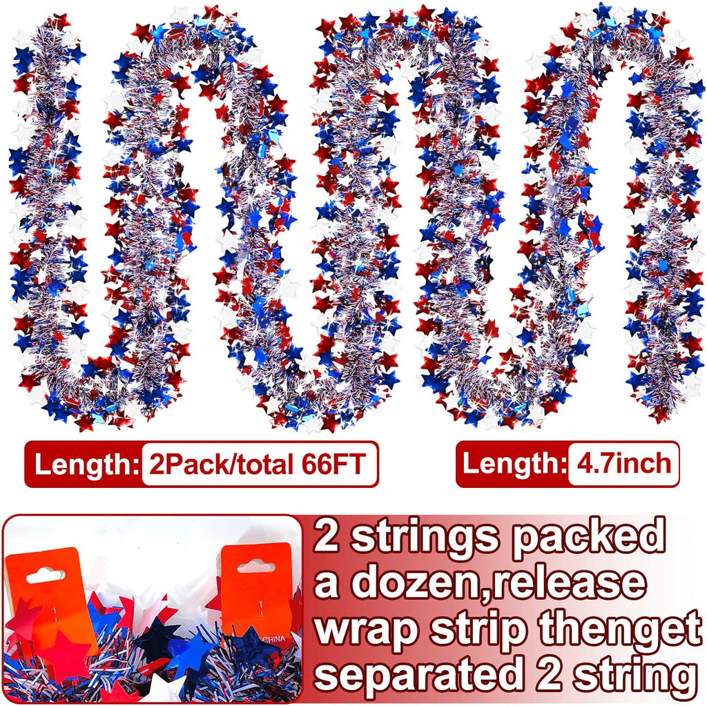 2 Pack Total 66 FT 4th of July Garland Decorations, Red White and Blue Garland Patriotic Tinsel Garlands USA 250th Anniversary Independence Day Memorial Day Decor for Car Golf Cart Parade Float Bike