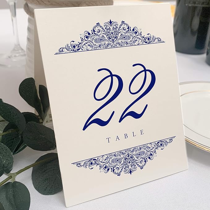 Paisley Wedding Table Numbers (Select Color/Quantity), Champagne, Navy, 1-70, Double Sided, Tent or Use in a Stand, Great for Parties & Restaurants - Made in the USA