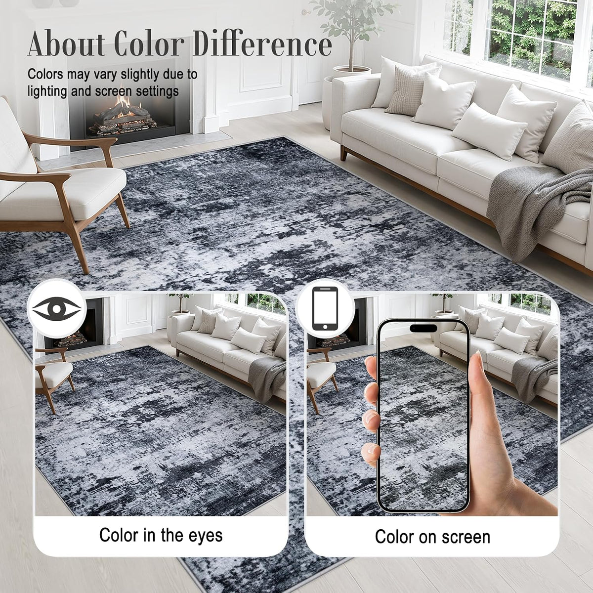 5x7 Area Rug Living Room: Modern Washable Indoor Carpet Black