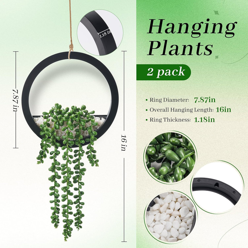Der Rose 2 Pack Fake Plants Hanging Artificial Succulents Plants in Black Pots for Living Room Bathroom Accessories Boho Farmhouse Wall Decor
