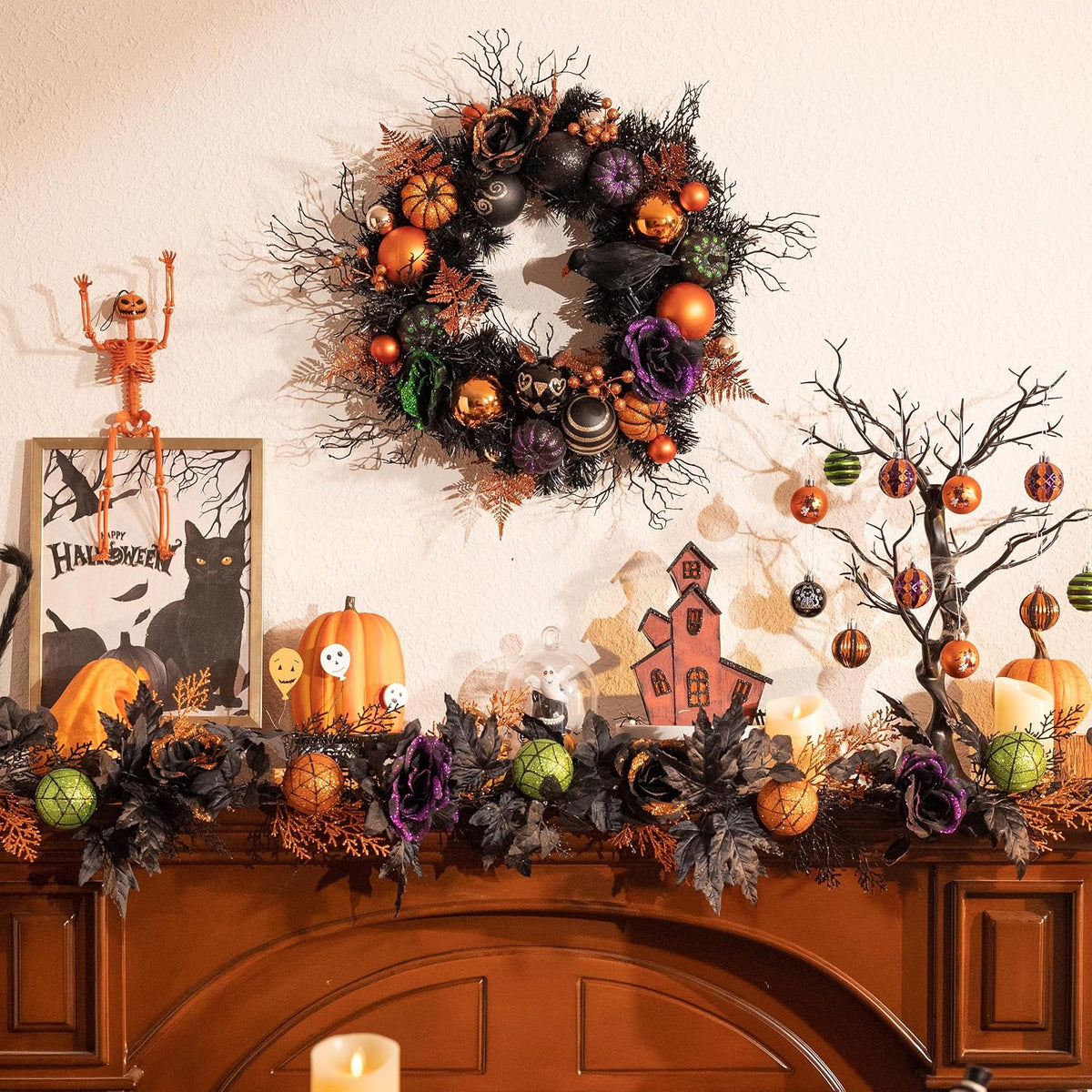 valery madelyn 6ft pre-lit halloween garland for mantle showing dimensions