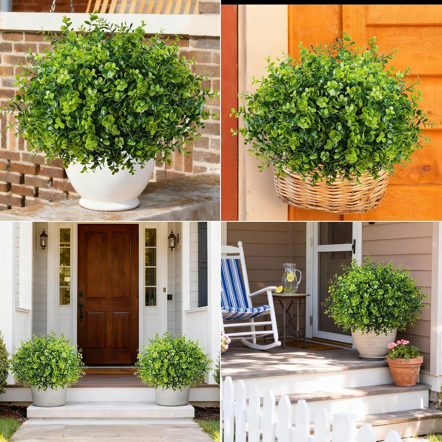 Artificial Faux Outdoor Plants for Spring Summer Decoration, 12 Bundles Fake Plastic Eucalyptus UV Resistant Look Real Fake Plants for Planter Outside Front Door Porch Patio Balcony Garden Indoor Yard