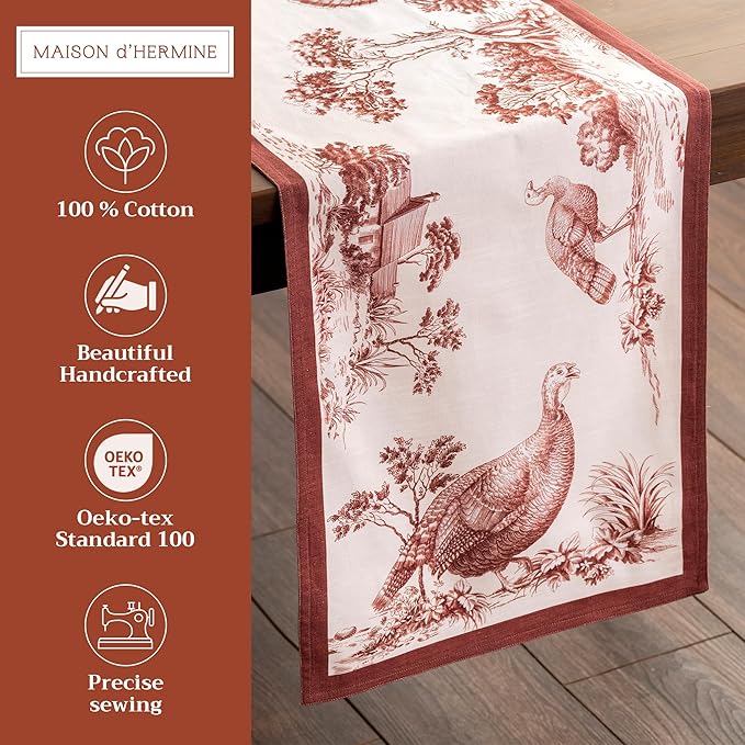 Maison d' Hermine Table Runner 100% Cotton Double Layer Table Runners 72 inches Long for Thanksgiving Christmas Decorations Home Kitchen Dining Party Wedding (Holy Jouy - Brown, 14.5" x 72")
