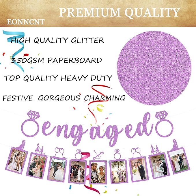 Pre-Strung Engaged Photo Banner - Purple Glitter Engagement Party Decoration Supplies with Romantic Memories Picture Card Frames for Bachelorette, Bridal Shower, Wedding Party Photo Booth Props