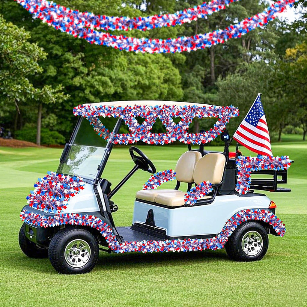 52.5Ft Patriotic Glitter Tinsel Garland Decoration, Red White Blue Star Metallic Tinsel Twist Garland, 4th of July Decor Parade Golf Cart Shiny Tinsels for Car Bike Independence Day Memorial Day Decor