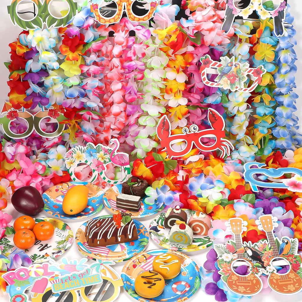 Atonofun 80 PCS Leis for Luau Party Decorations- Hawaiian Leis Bulk, Luau Party Glasses, Colorful Bracelets, Flower Headbands for Adults Tropical Birthday Summer Beach Luau Party Favors Supplies