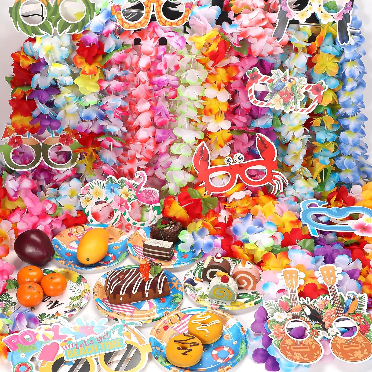 Atonofun 80 PCS Leis for Luau Party Decorations- Hawaiian Leis Bulk, Luau Party Glasses, Colorful Bracelets, Flower Headbands for Adults Tropical Birthday Summer Beach Luau Party Favors Supplies