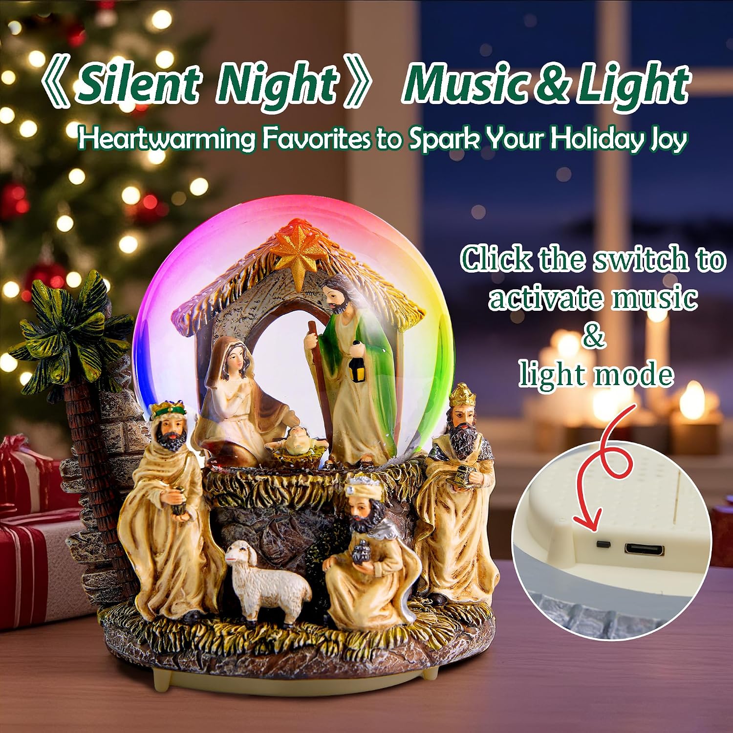 Nativity Christmas Snow Globe Lantern, Musical Snow Globe with Lighted Nativity Scene, Large Snow Globe for Christmas Decorations Indoor for Home