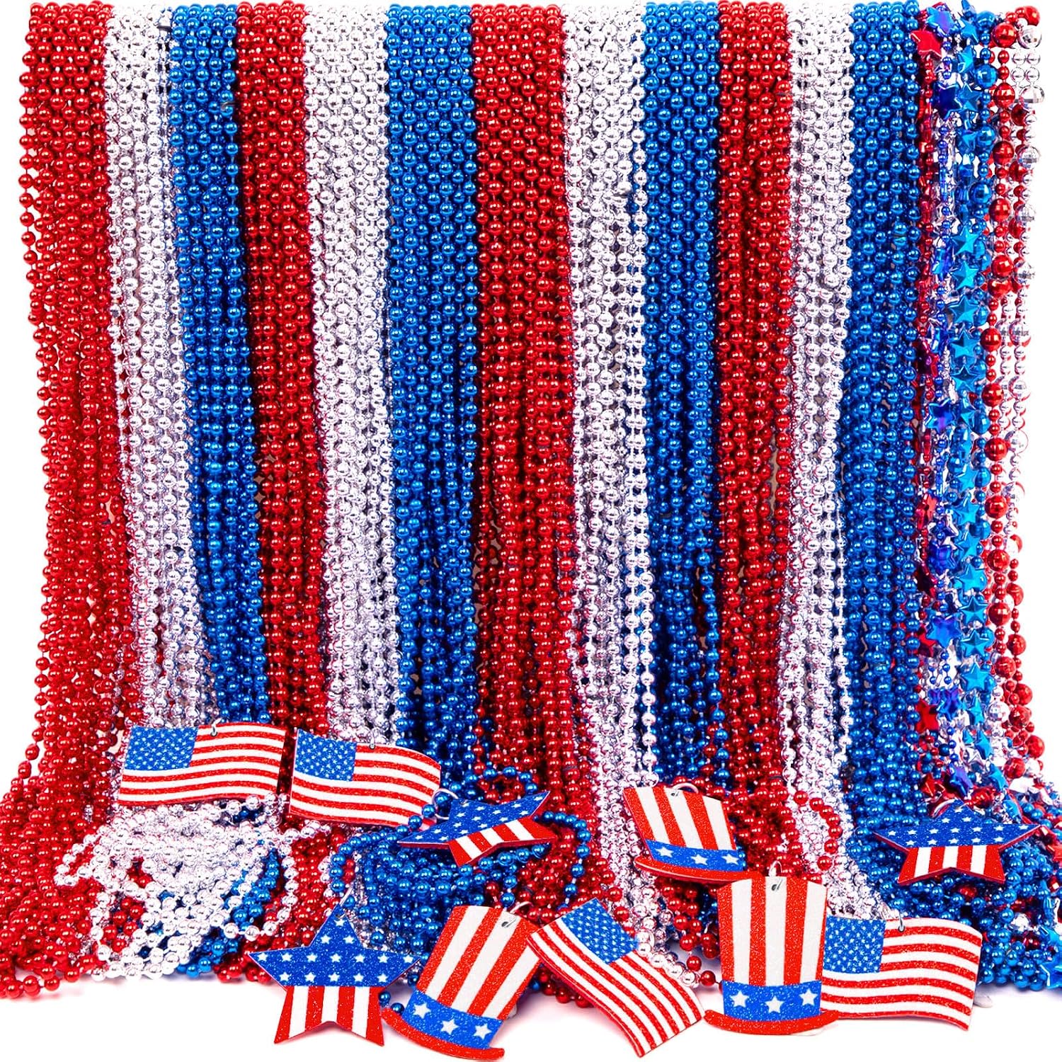 Moon Boat 100PCS 4th of July Accessories Necklaces: Blue White and Red Beads Bulk, Patriotic Party Independence Memorial Day Favors Toys Decorations