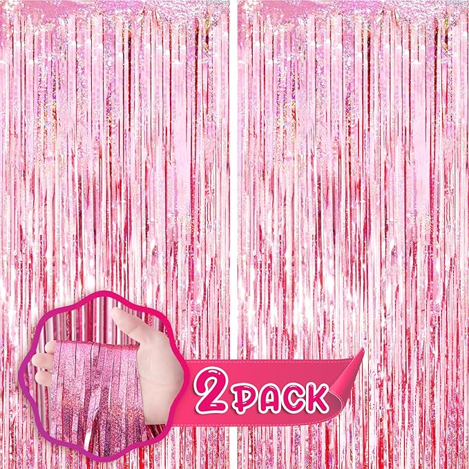 2 Pack 3.3x8.2 Feet Laser Pink Foil Fringe Backdrop Curtains, Tinsel Streamers Birthday Party Decorations, Fringe Backdrop for Graduation, Baby Shower, Gender Reveal, Disco Party
