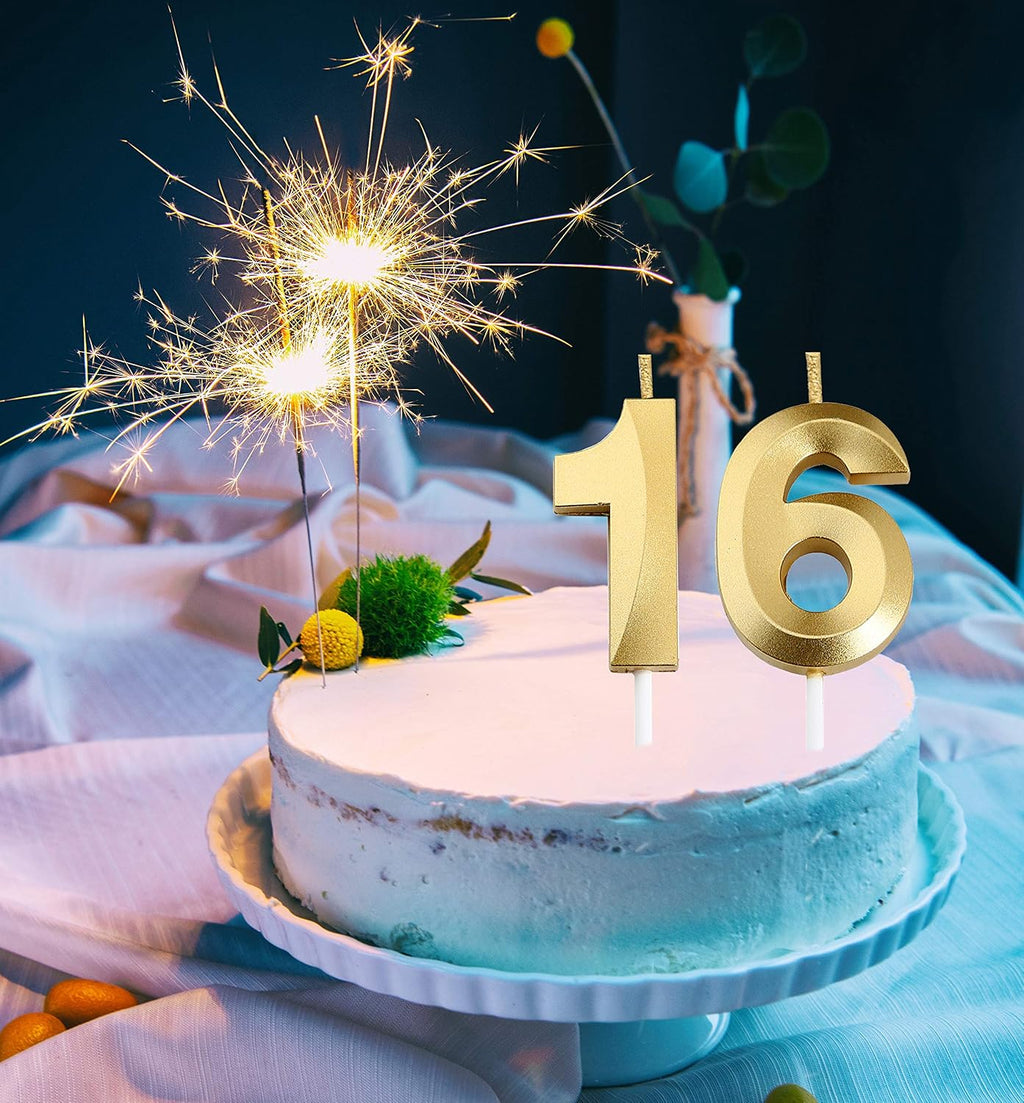 16th Birthday Candles,Gold Number 16 Cake Topper for Birthday Decorations Party Decoration