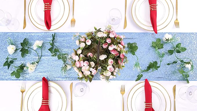 Glitter Sequin Table Runners 10 Pieces 12x108 Inchs Baby Blue Elegant Wedding Sparkly Table Runner Birthday Bachelorette Celebration Decorations Supplies