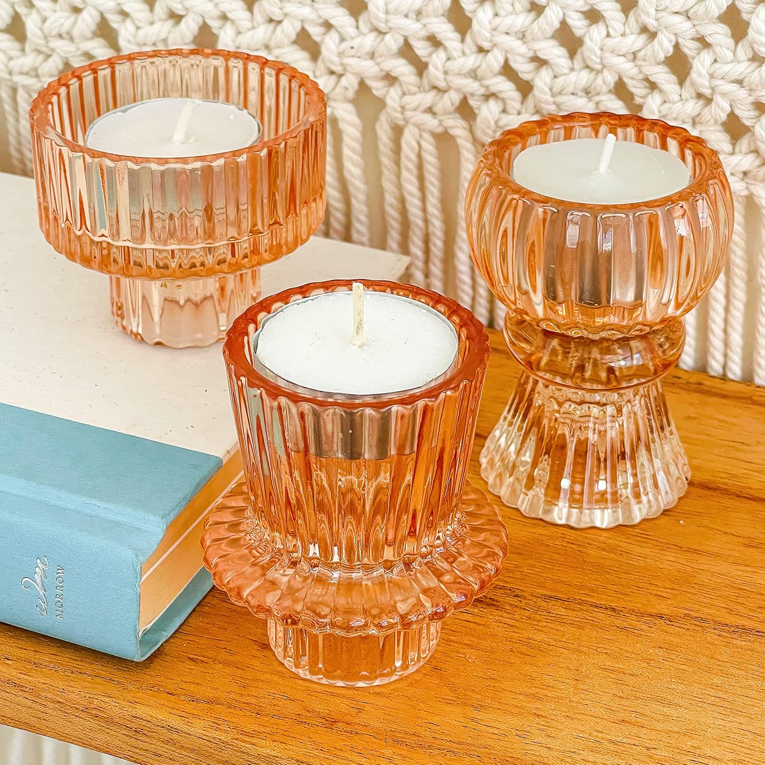 Kate Aspen Glass Taper Candle Holder Set of 6 - Rose Gold Ribbed Vintage Candlestick Votive Pillar Decorative Centerpiece for Dining Table Shelf Decor