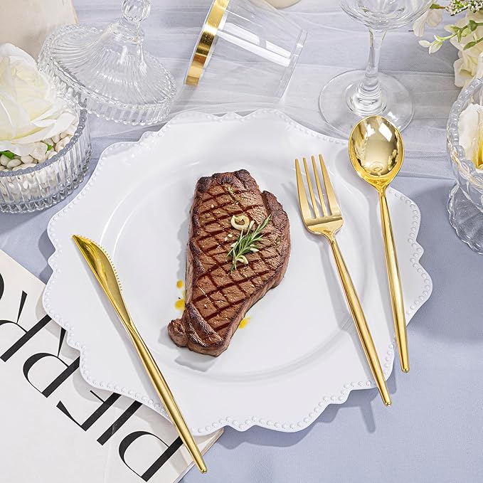 COLOSUS 350pcs White Plastic Plates Disposable Gold Cutlery Dinnerware set for party: 50 Dinner Plate, 50 Dessert Plate, 50 Per Rolled Napkins with Gold Silverware, 50 Cups 9 OZ for Wedding & Party