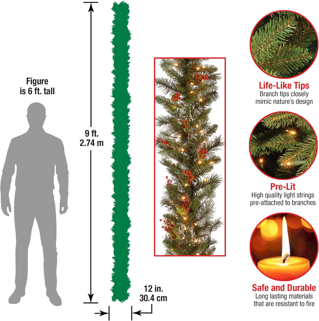 national tree company 9ft pre-lit wintry pine flocked, close-up detail