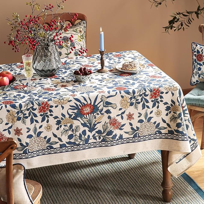 patdrea Designer Blue Tablecloth for Rectangle Table,Vintage Linen Leaves and Floral Pattern Extra Long Tablecloths,Floral Decor Cover for Kitchen Dining Christmas,Thanksgiving,67"x118"-Ivar a