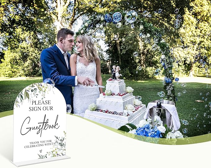 Greenery Please Sign Our Guestbook Sign, 6 x 8 Inch White Arch Acrylic Wedding Sign with Holder, Wedding Sign for Ceremony and Reception, Wedding Decoration, Wedding Supplies - LY02