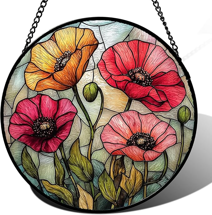 Stained Glass Window Hanging, Red Orange Poppy Birth Flowers Sun Catcher for Door Garden Yard Decor Wildflowers Suncatcher Christmas Mother Birthday Gifts for Women Men Mom Nana 15 in
