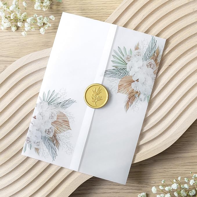 PONATIA 50PCS Vellum Jackets for 5x7 Invitation Cards- 135GSM Boho Flowers Vellum Sleeves Paper - Wedding Invitations Wraps - Transparent Card Jacket