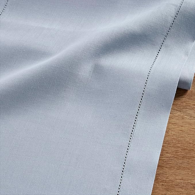 Solino Home Linen Dusty Blue Table Runner 108 Inches Long - 100% Pure Linen Hemstitch 14 x 108 Inch Table Runner for Dining, Fall, Autumn, Thanksgiving - Classic Hemstitch