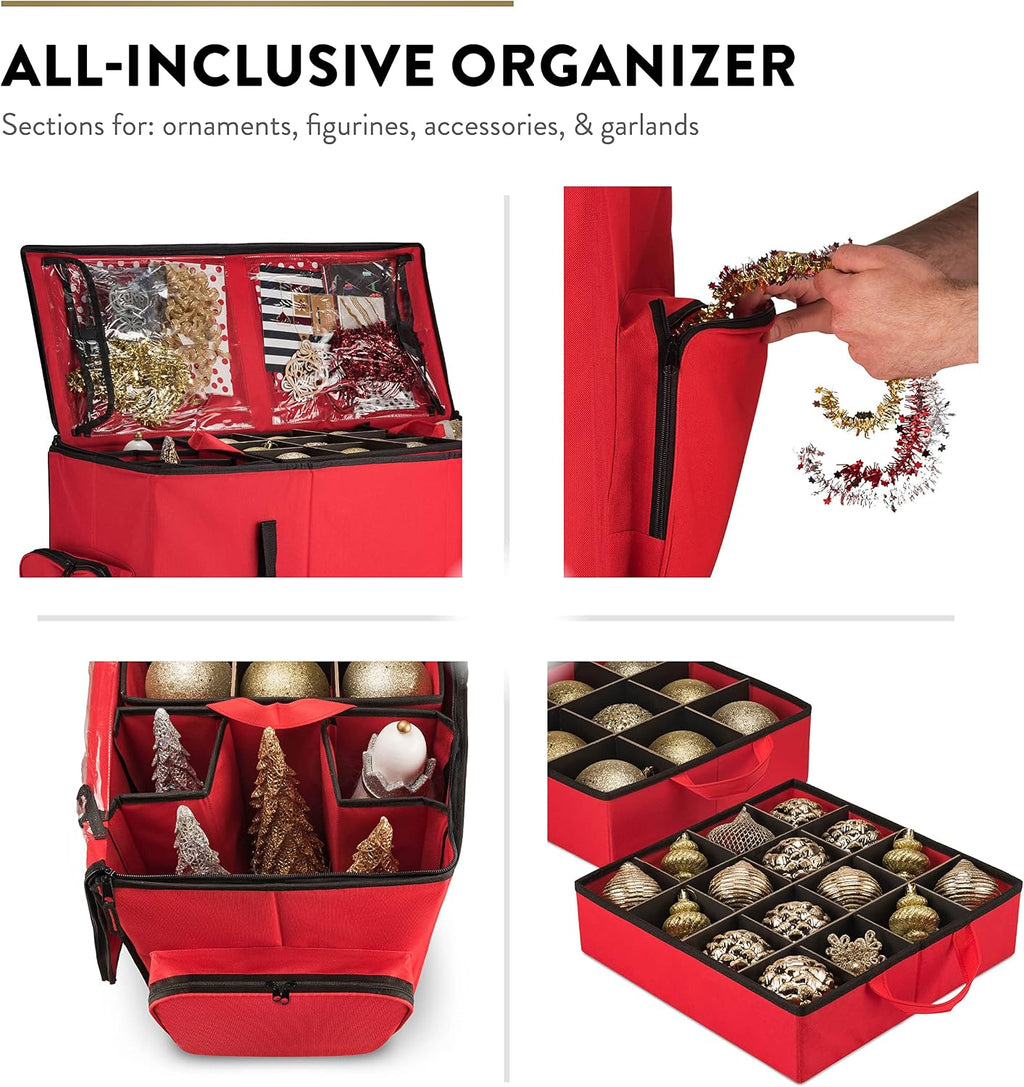 ZOBER All in One Christmas Ornament Storage Box & Decoration Container - Easy Access Removable Trays, Keeps 73 Ornaments - Adjustable Extent Area for Figurines and Pockets for Decoration - Red