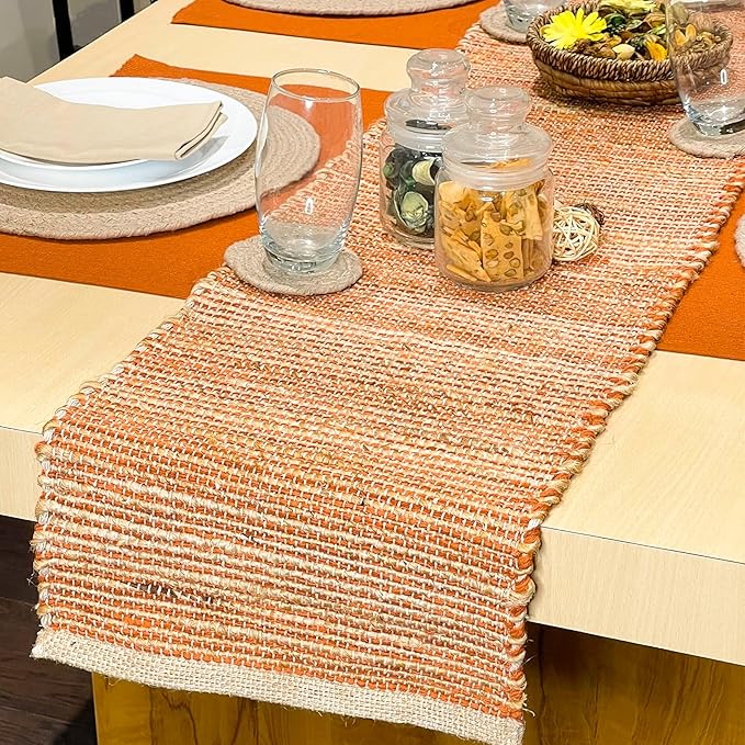 Chardin home Natural Jute Table Runner 13x90 Inch – Vintage Boho Rustic Table Decor – Handwoven Table Runner in Natural Jute and Rust Orange – Farmhouse Dining or Console Table Accent