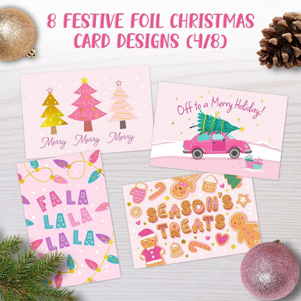 Decorably 24 Pack Foiled 6x4in Pink Christmas Cards with Envelopes and Stickers, 8 Elegant Holiday Designs Seasons Greetings for Family, Friends & Loved Ones with Printed Message, Gifting, Mailing