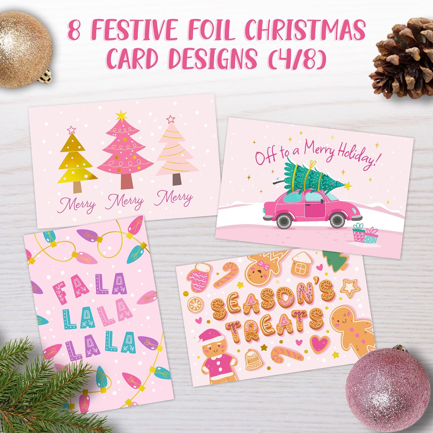 Decorably 24 Pack Foiled 6x4in Pink Christmas Cards with Envelopes and Stickers, 8 Elegant Holiday Designs Seasons Greetings for Family, Friends & Loved Ones with Printed Message, Gifting, Mailing