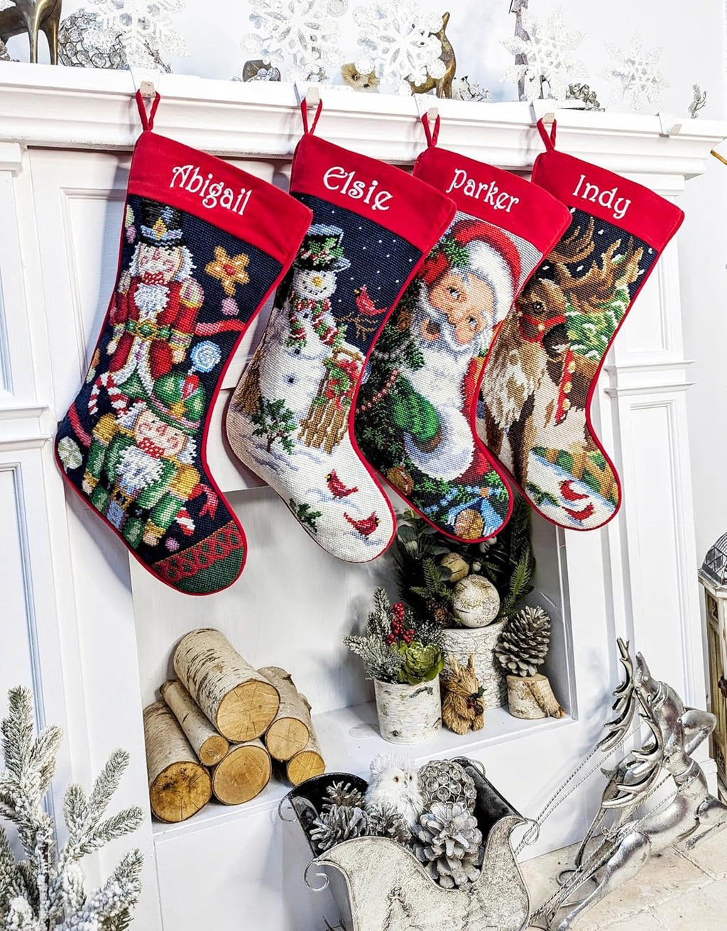 Santa on Chimney Needlepoint Christmas Stocking - Personalized Name Embroidery Family Holiday Keepsake Décor