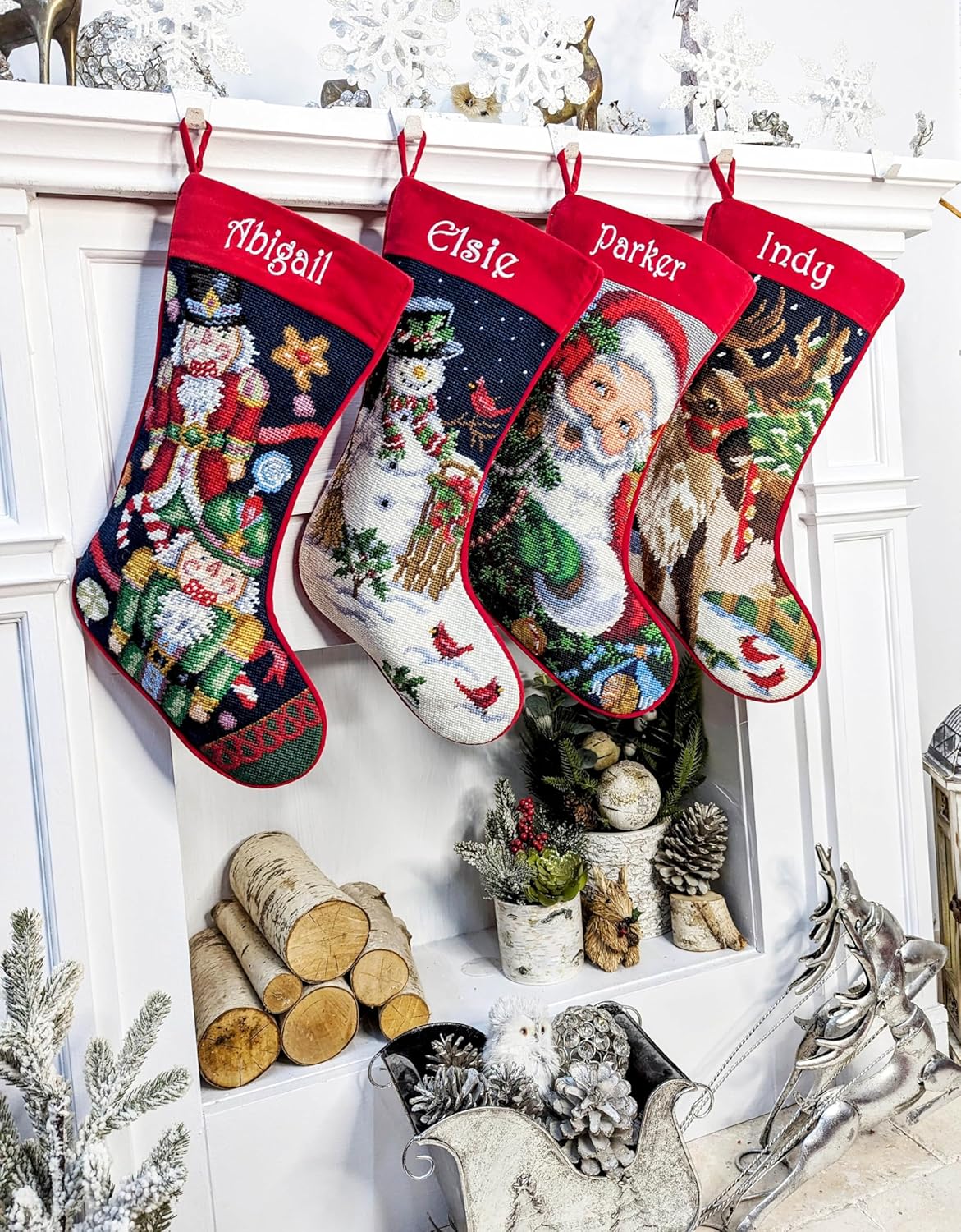 Santa on Chimney Needlepoint Christmas Stocking - Personalized Name Embroidery Family Holiday Keepsake Décor