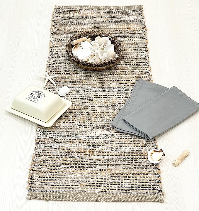 Chardin home Natural Jute Table Runner 13x48 Inch – Vintage Boho Rustic Table Decor – Handwoven Table Runner in Natural Jute and Grey – Farmhouse Dining or Console Table Accent