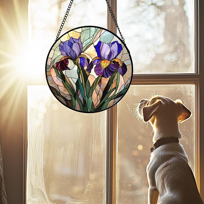 Stained Glass Window Hanging, Purple Blue Iris Birth Flower Suncatcher for Doors Garden Yard Sun Catchers Decor Christmas Mother's Day Birthday Gifts for Teacher Women Mom Nana Wife 9.8 in