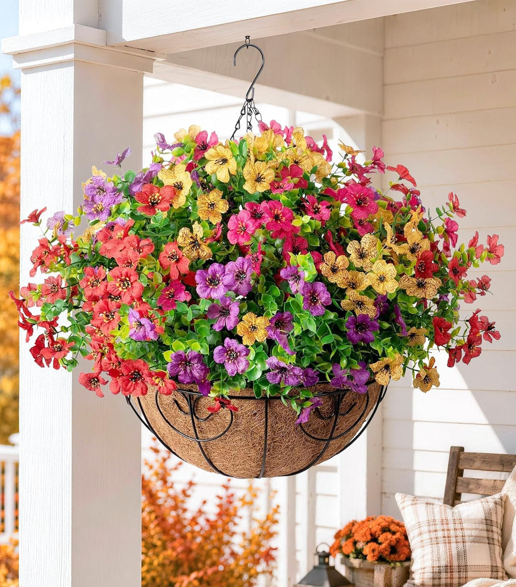 hyeflora artificial faux hanging plants flowers basket for shown in use