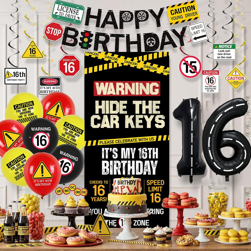 Roetyce 16th Birthday Decorations Boys Girls, Hide The Car Keys Happy 16th Birthday Banner Backdrop Balloons Hanging Swirls, Caution Logo Themed 16 Years Old Party Yard Door Wall Cover Background