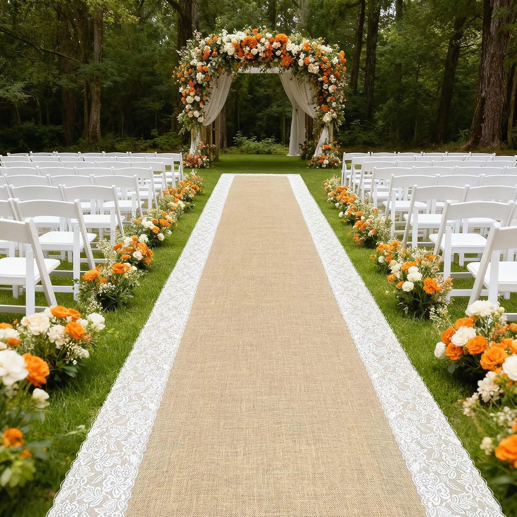 3ft x 20 ft Wedding Aisle Runner Outdoor for Wedding Ceremony with Lace Jute Rustic Natural Burlap Decorations Beach Garden Church Reception Craft Decor
