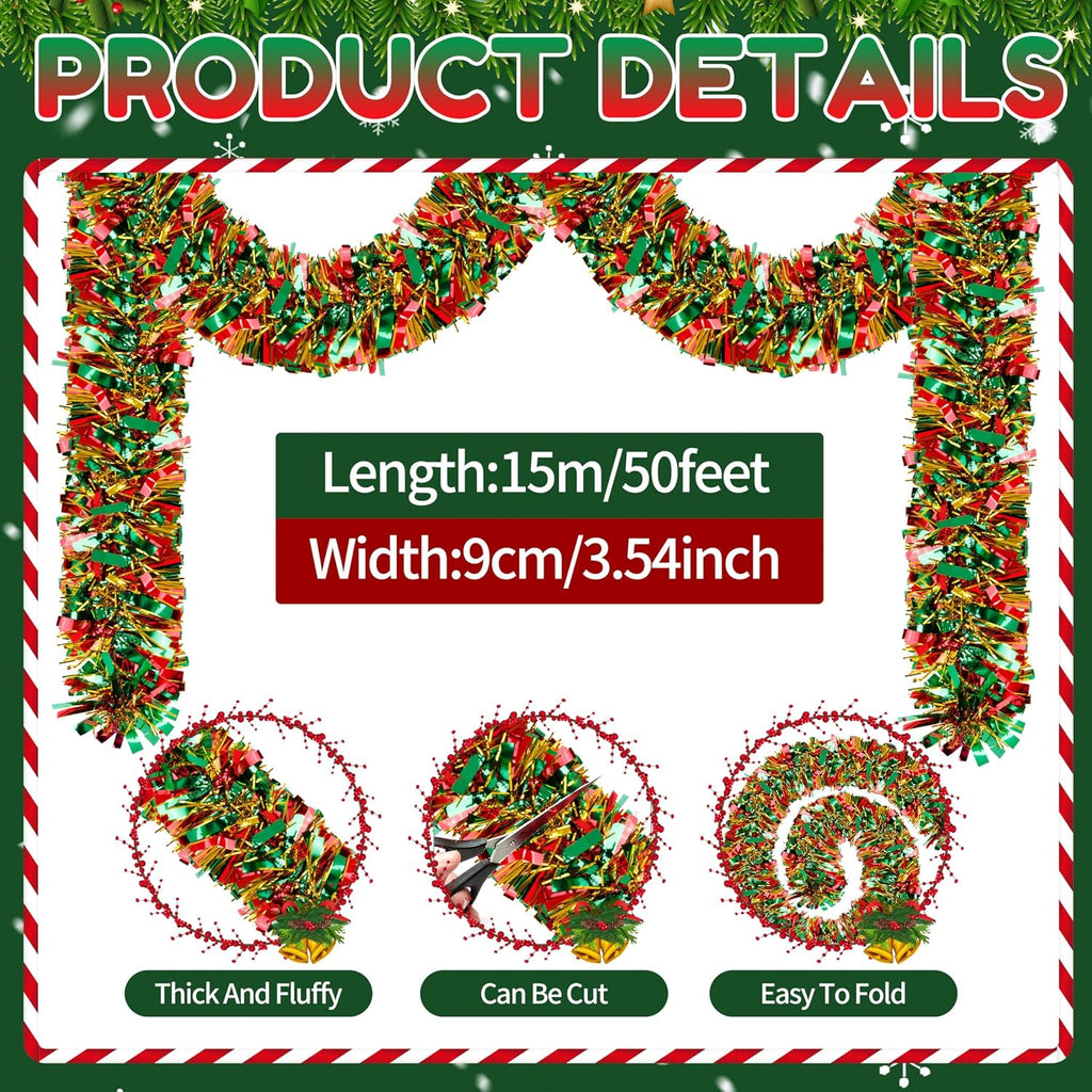 50 Ft Christmas Tinsel Garland Thick Tinsel Garland Xmas Tree Decorations Metallic Tinsel Twist Garland for Christmas, Birthday, Party Decor Indoor Outdoor Party Supplies