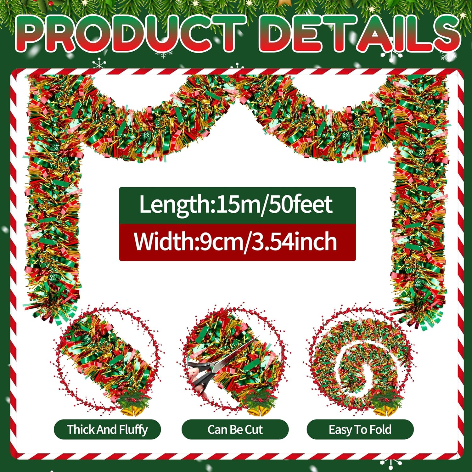 50 Ft Christmas Tinsel Garland Thick Tinsel Garland Xmas Tree Decorations Metallic Tinsel Twist Garland for Christmas, Birthday, Party Decor Indoor Outdoor Party Supplies
