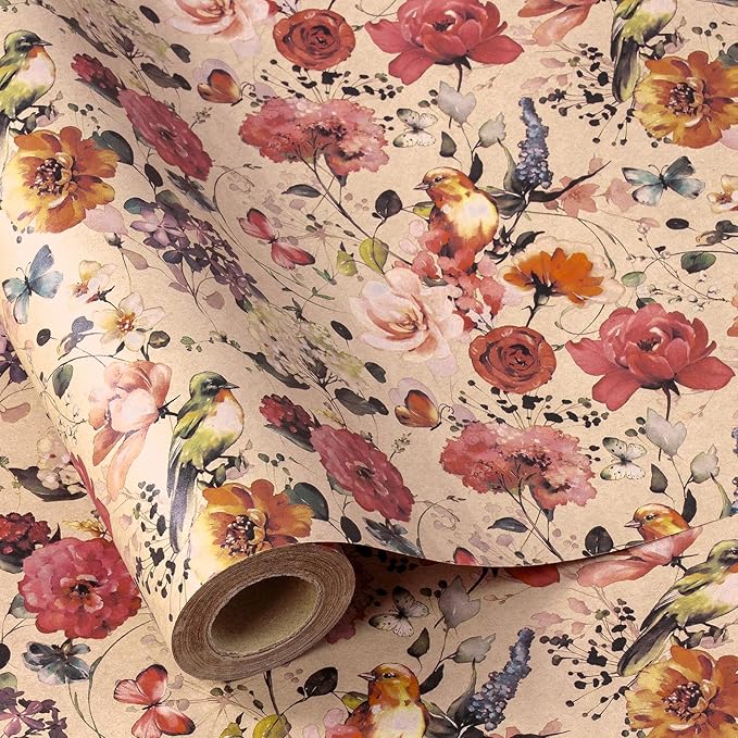 RUSPEPA Floral Wrapping Paper Bouquet for Women, 17 in x 16.4 ft, Mini Roll, Blooming with Bird and Butterfly Design, Kraft Wrapping Paper Roll for Spring, Birthday and Baby Shower