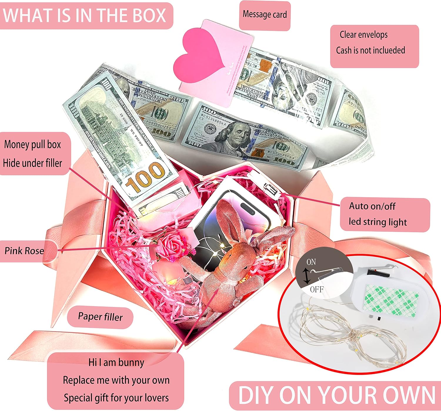 Money Box for Cash Gift Pull Pink - Money Gift Box for Cash Gift Ideas-Love Box with Money Pull Out KIT & Automatic ON/Off String Light - Birthday Money Pull Box Surprise Money Box. (Pack of 2)