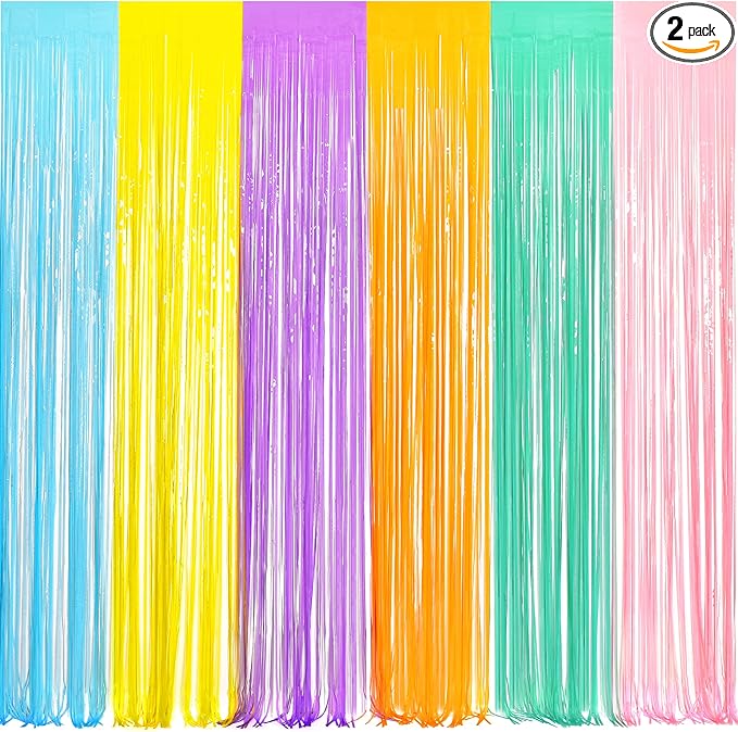 BRAVESHINE Tinsel Foil Fringe Curtains - 2Pcs 3.2x8.2ft Pastel Colourful Photo Backdrop for Sweet Birthdays Easter Bunny Bridal Shower Fairy Kids Candy Donut Party Decorations