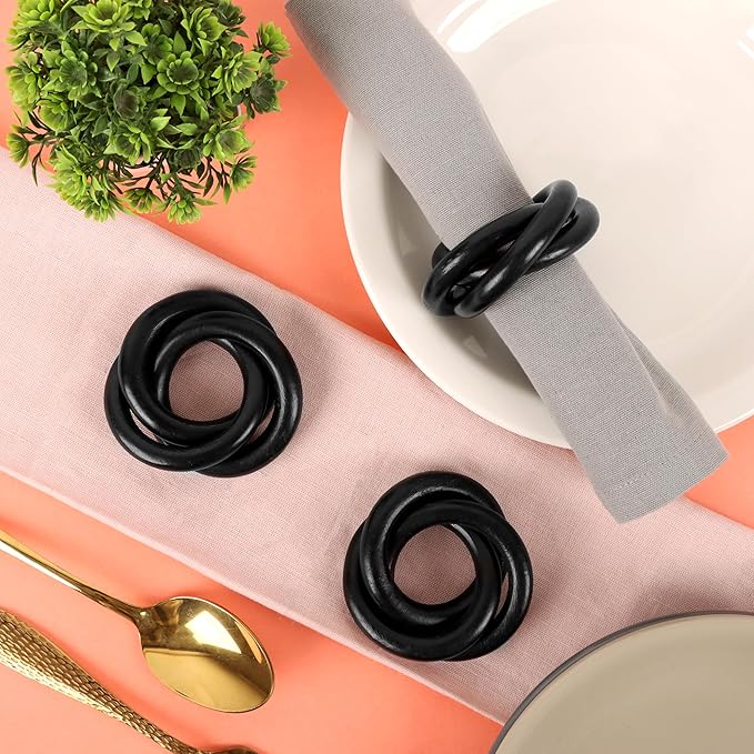 Three Ring Wooden Napkin Rings Set of 12 - Acacia Wood Interlocked Napkin Holder Cuffs for Dinner Table Décor - Rustic Modern Serviette Rings for Weddings, Parties, Receptions (Black) - CLEENTABLE