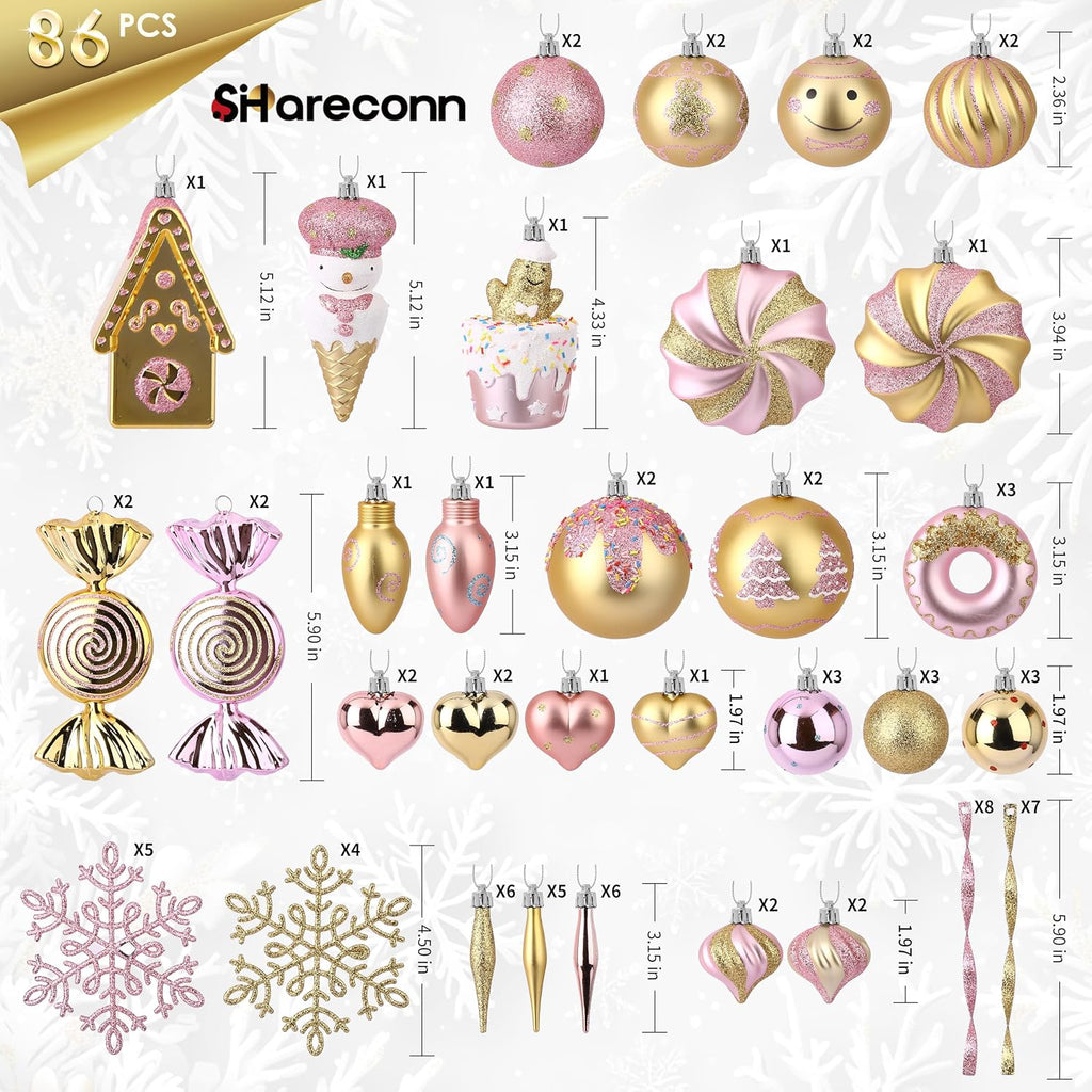 SHareconn 86pcs Christmas Tree Balls Ornaments, Shatterproof Plastic Decorative Baubles for Christmas Tree Decorations, Holiday Wedding Party Decoration, Festive Ornaments,Pink Gold