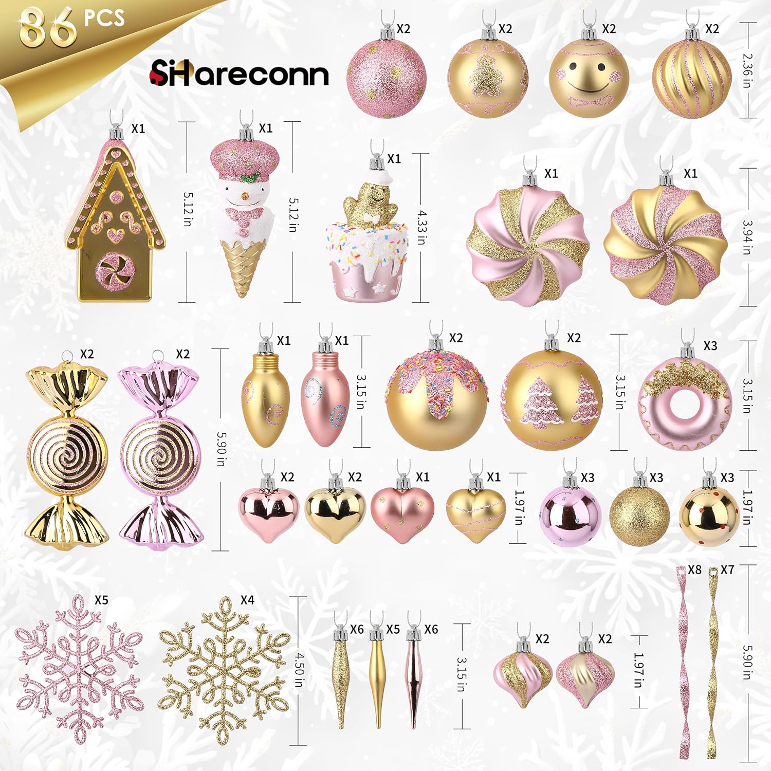 SHareconn 86pcs Christmas Tree Balls Ornaments, Shatterproof Plastic Decorative Baubles for Christmas Tree Decorations, Holiday Wedding Party Decoration, Festive Ornaments,Pink Gold