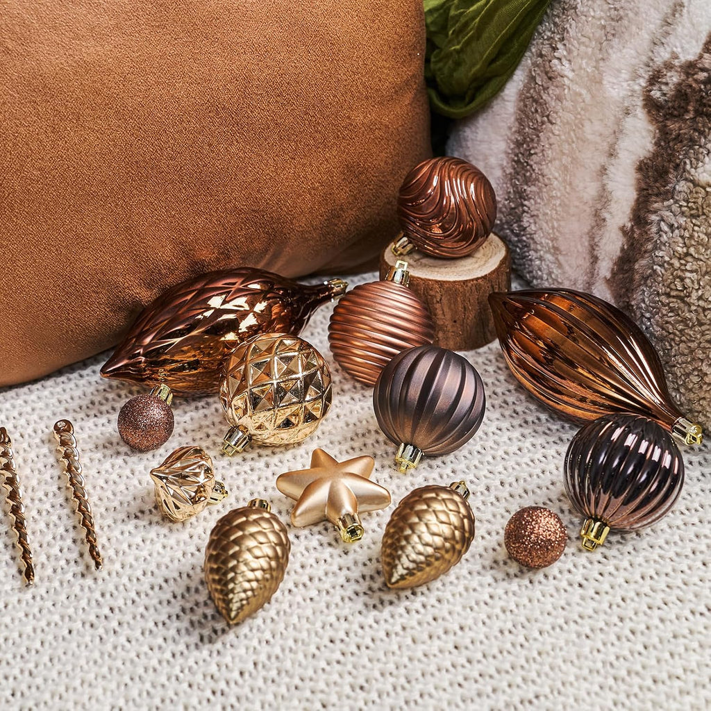 JORNOY 128-Pack Christmas Tree Ornaments Set, Classic Shatterproof Christmas Ball Ornaments Decorations - Plastic Hanging Baubles Bulk Decorative for Xmas Tree Decor Holiday Party, Brown